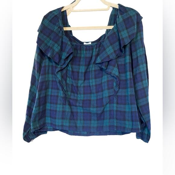 J Crew Shirt Womens Large Blackwatch Plaid Flannel Preppy Ruffle Classy Blouse - Picture 3 of 5